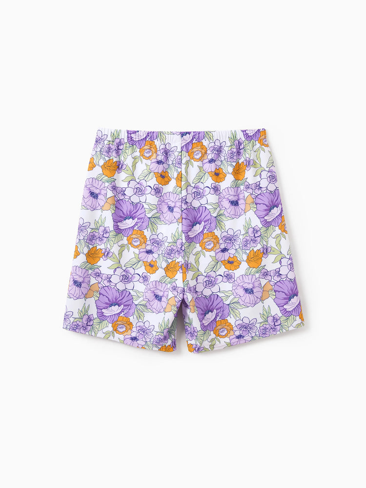 Daddy & Daughter Floral Print Swimsuits Ruffled One-Piece Bathing Suit & Swim Trunks Set Purple