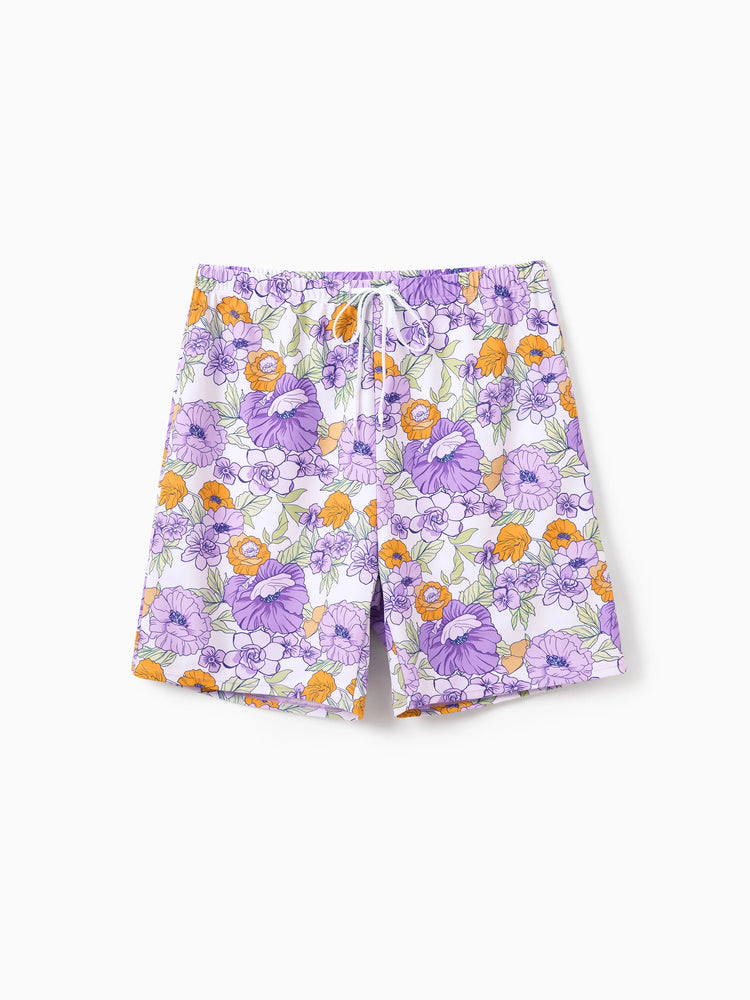 Daddy & Daughter Floral Print Swimsuits Ruffled One-Piece Bathing Suit & Swim Trunks Set Purple