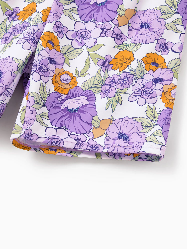 Daddy & Daughter Floral Print Swimsuits Ruffled One-Piece Bathing Suit & Swim Trunks Set Purple
