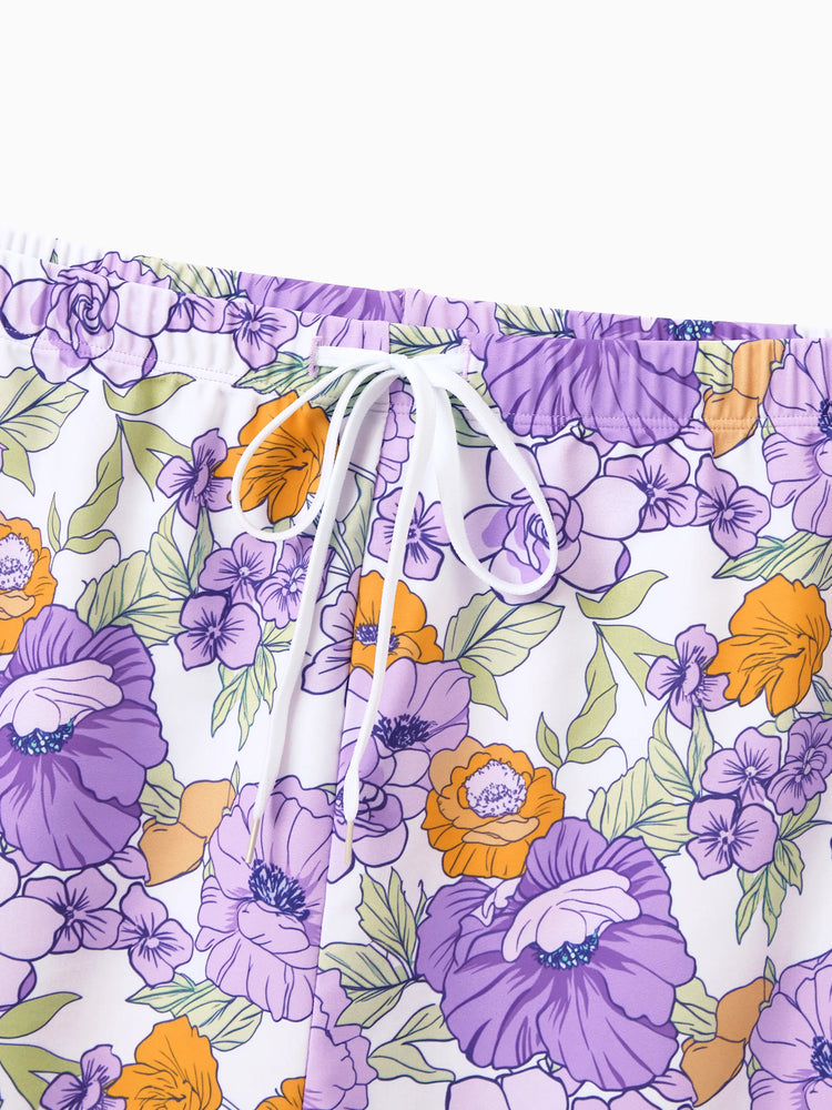 Daddy & Daughter Floral Print Swimsuits Ruffled One-Piece Bathing Suit & Swim Trunks Set Purple