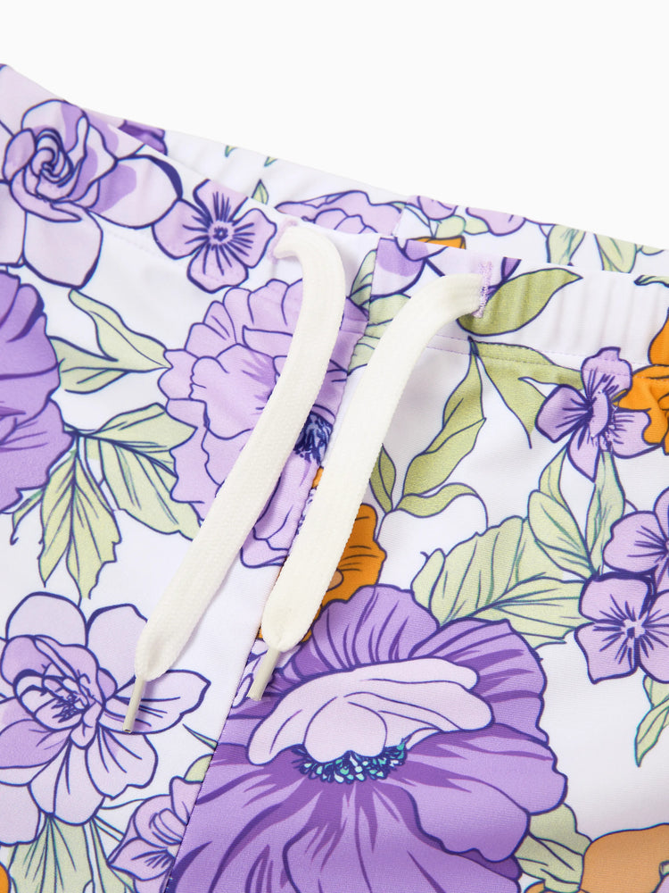 Daddy & Son Floral Print Swimsuits Ruffled One-Piece Bathing Suit & Swim Trunks Set Purple