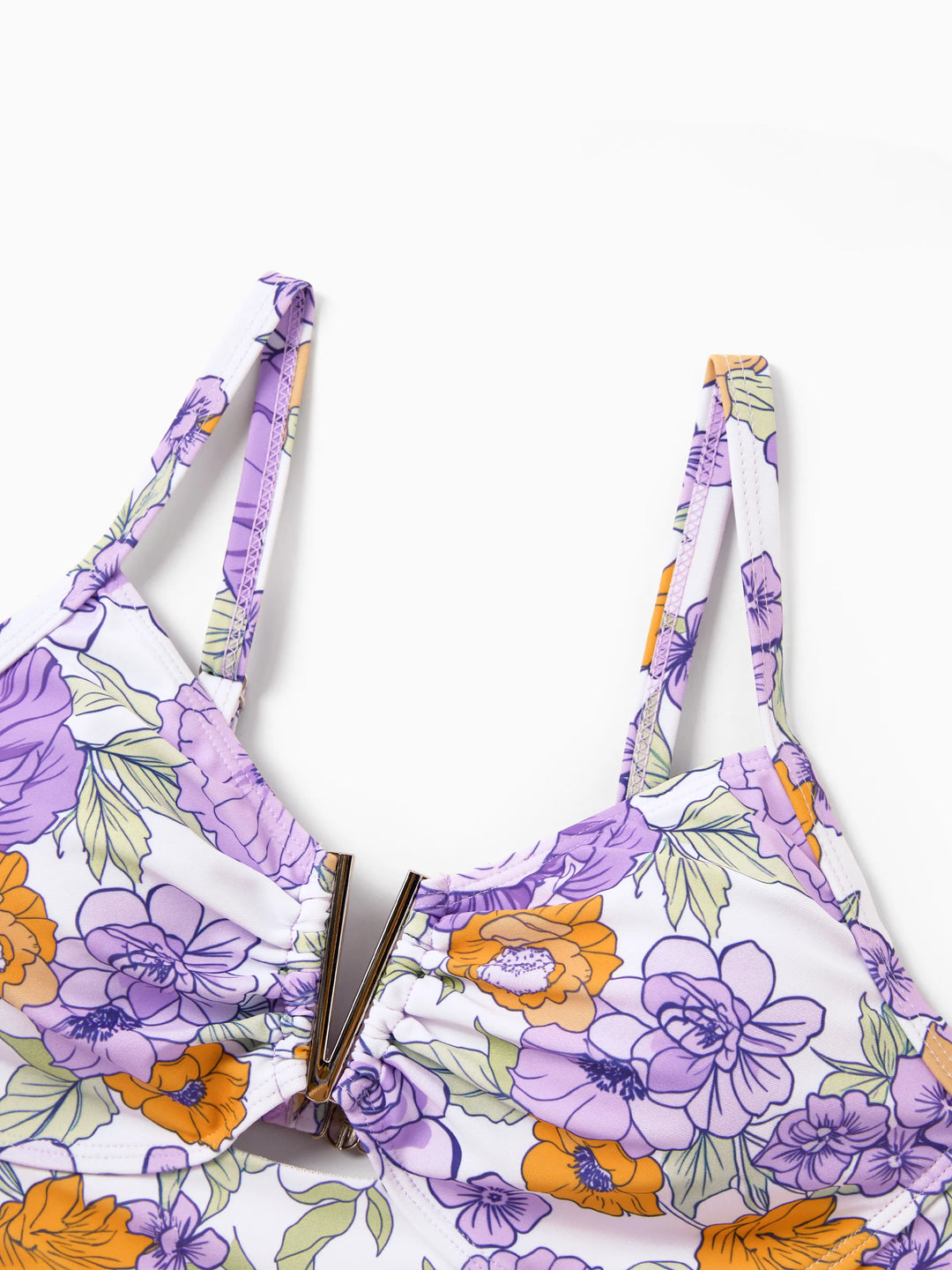 Trajes de baño a juego para mamá y yo con estampado floral Traje de baño de una pieza con volantes y conjunto de pantalones cortos de baño Morado