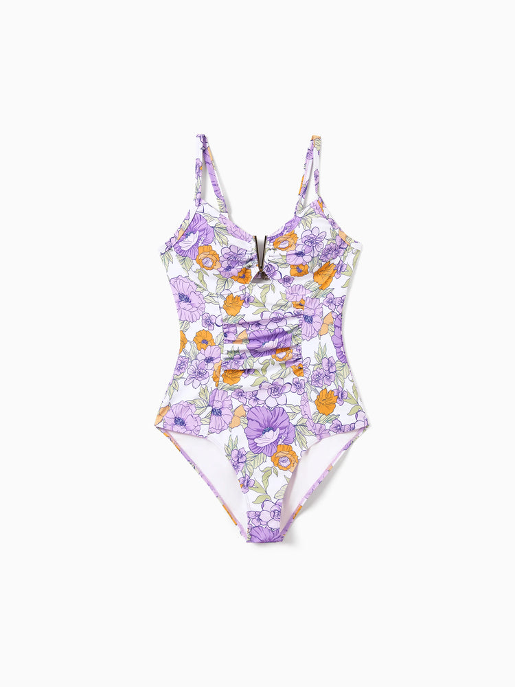 Mommy & me Floral Print Swimsuits Ruffled One-Piece Bathing Suit & Swim Trunks Set Purple
