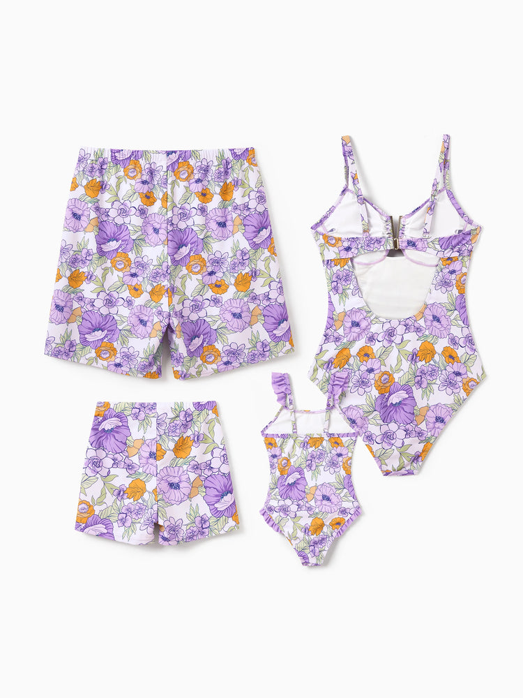 Mommy & me Floral Print Swimsuits Ruffled One-Piece Bathing Suit & Swim Trunks Set Purple