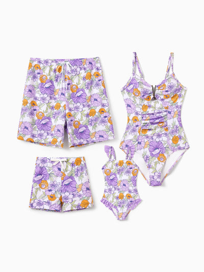Toddler Girl Floral Print Swimsuits Ruffled One-Piece Bathing Suit Purple