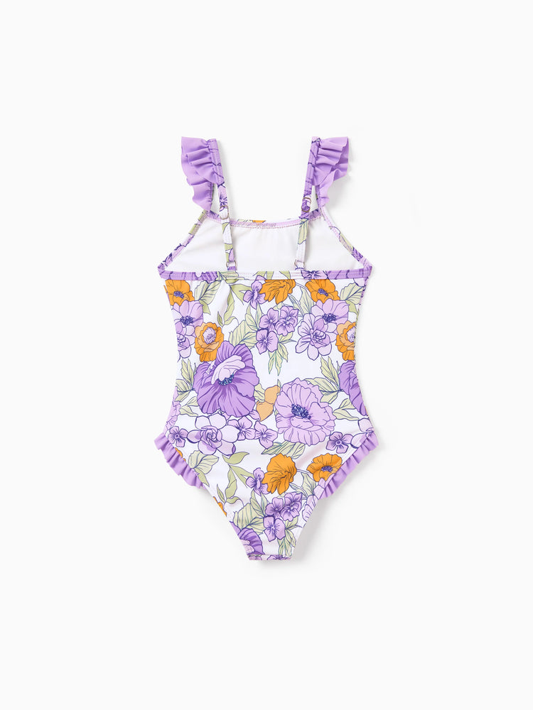 Daddy & Daughter Floral Print Swimsuits Ruffled One-Piece Bathing Suit & Swim Trunks Set Purple