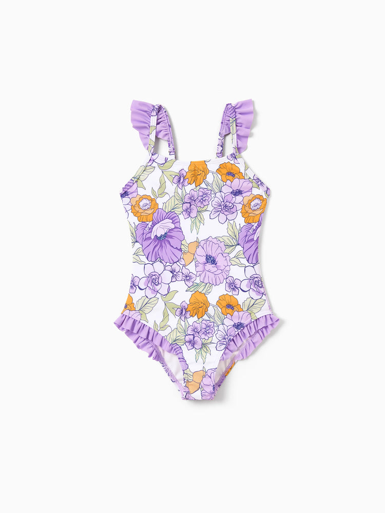 Daddy & Daughter Floral Print Swimsuits Ruffled One-Piece Bathing Suit & Swim Trunks Set Purple