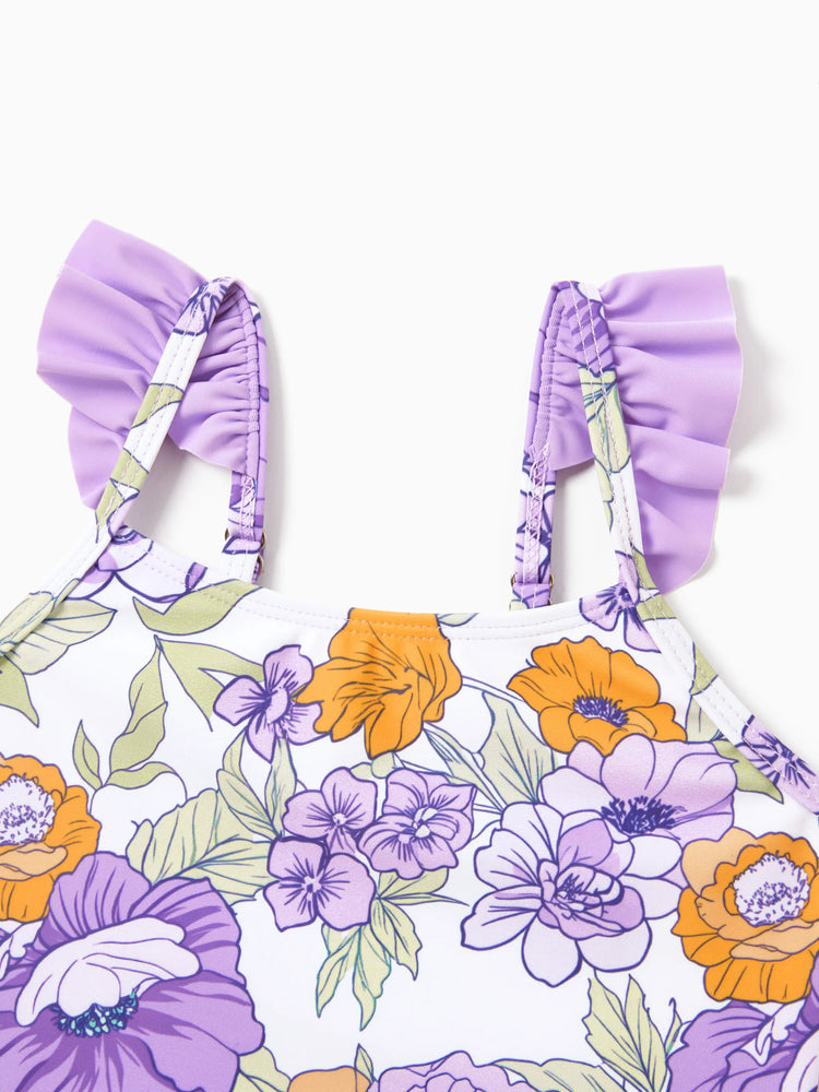 Daddy & Daughter Floral Print Swimsuits Ruffled One-Piece Bathing Suit & Swim Trunks Set Purple