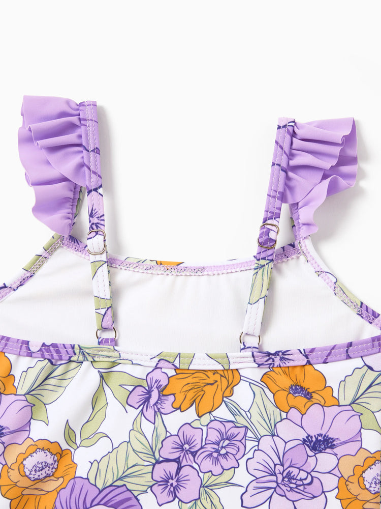 Daddy & Daughter Floral Print Swimsuits Ruffled One-Piece Bathing Suit & Swim Trunks Set Purple