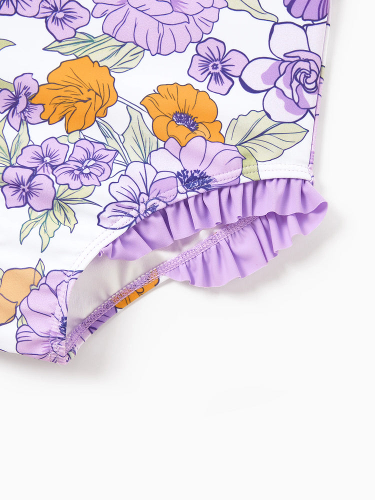 Daddy & Daughter Floral Print Swimsuits Ruffled One-Piece Bathing Suit & Swim Trunks Set Purple