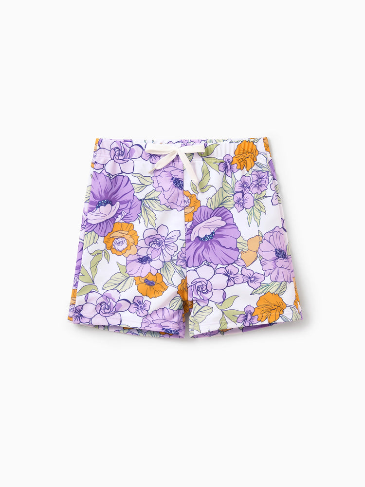 Daddy & Son Floral Print Swimsuits Ruffled One-Piece Bathing Suit & Swim Trunks Set Purple