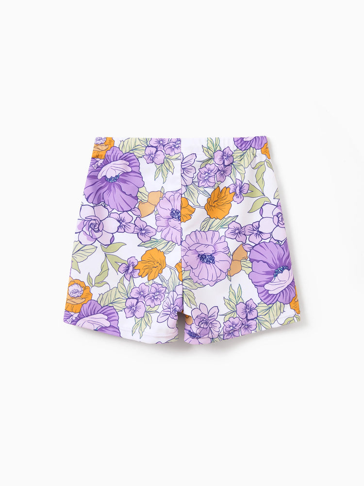 Daddy & Son Floral Print Swimsuits Ruffled One-Piece Bathing Suit & Swim Trunks Set Purple