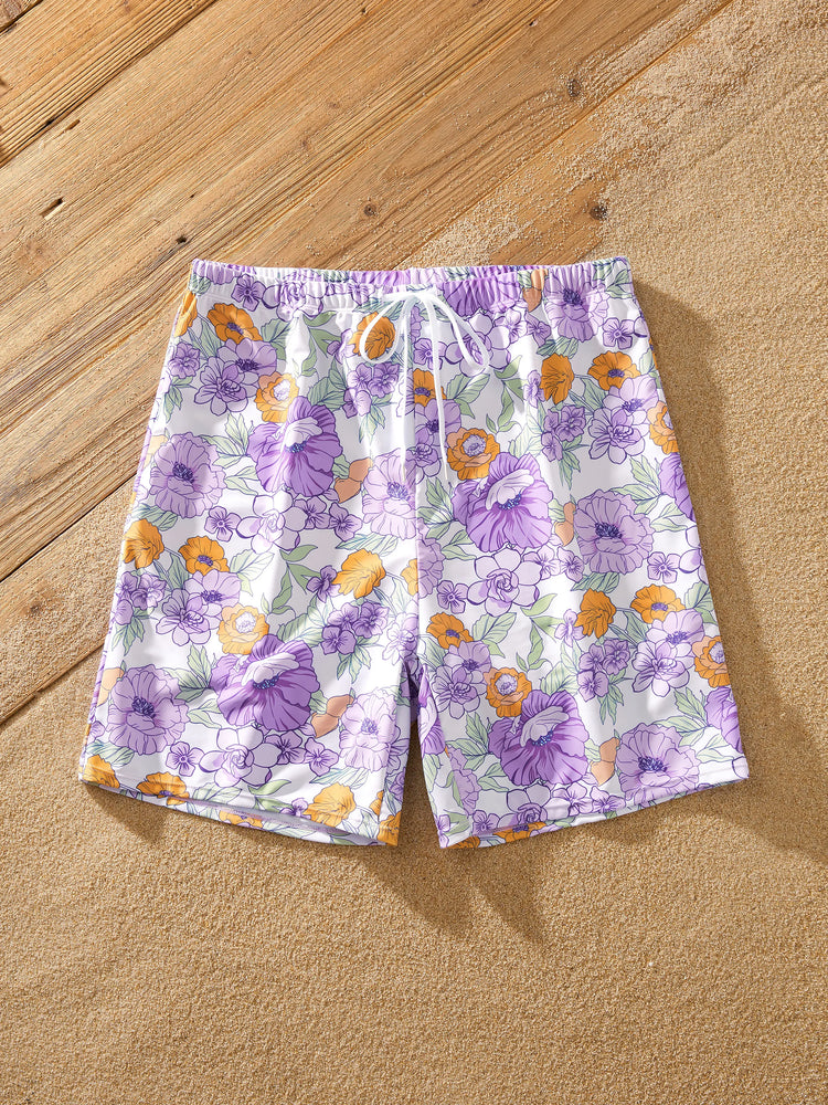 Family Matching Floral Print Swimsuits Ruffled One-Piece Bathing Suit & Swim Trunks Set Purple