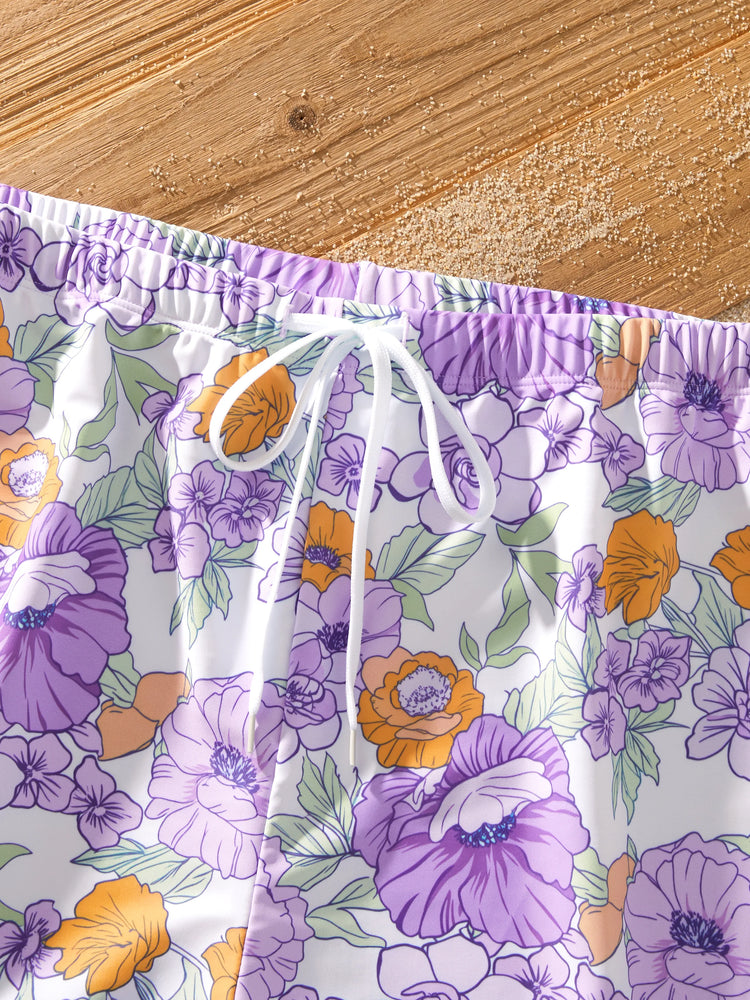 Family Matching Floral Print Swimsuits Ruffled One-Piece Bathing Suit & Swim Trunks Set Purple