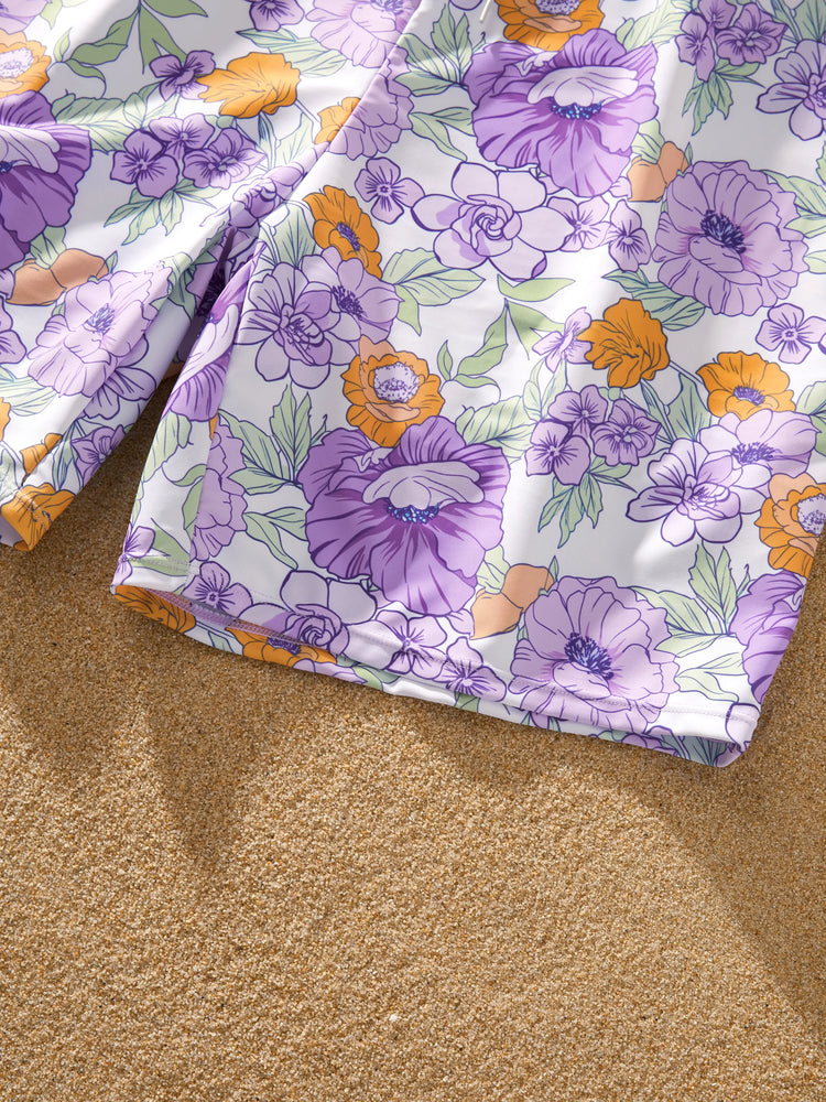 Family Matching Floral Print Swimsuits Ruffled One-Piece Bathing Suit & Swim Trunks Set Purple