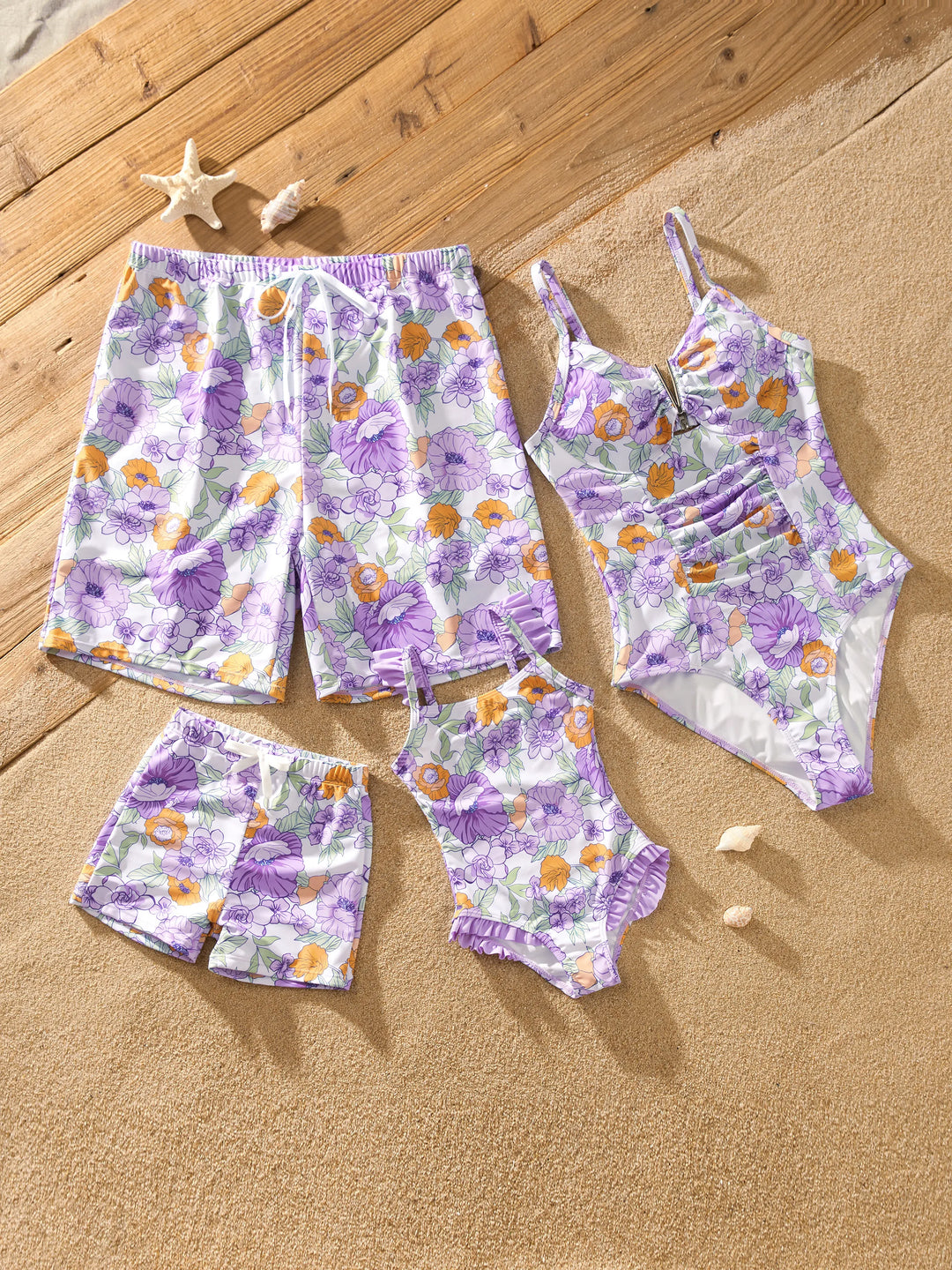 Familien-Matching Badebekleidung mit Blumenprint – Rüschen-Einteiler und Badeshorts-Set in Lila
