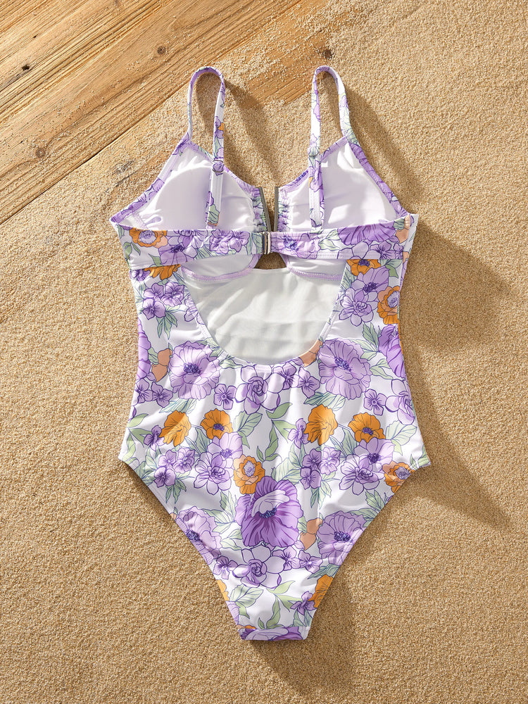 Family Matching Floral Print Swimsuits Ruffled One-Piece Bathing Suit & Swim Trunks Set Purple