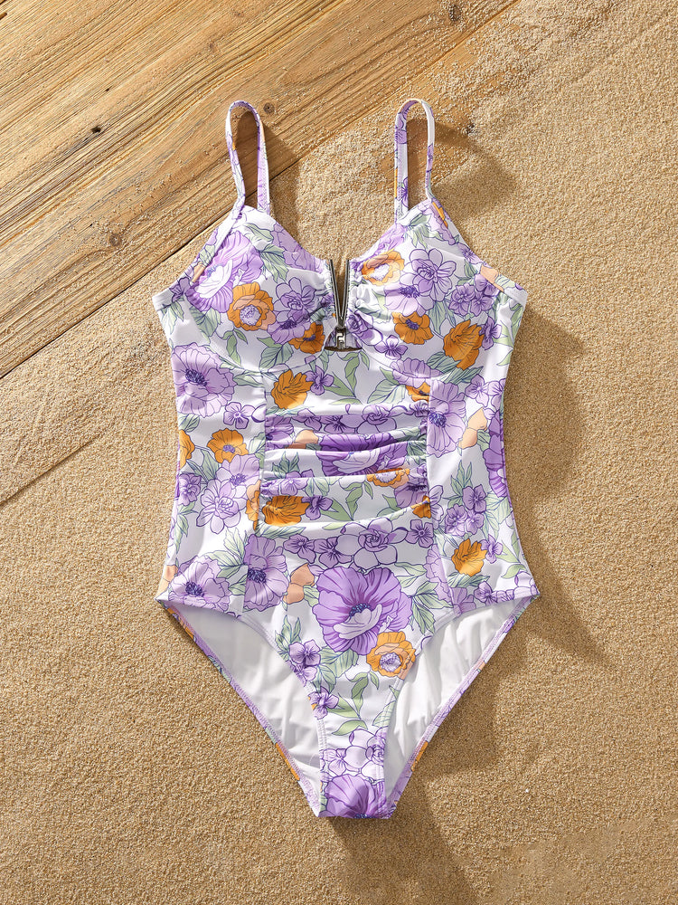 Family Matching Floral Print Swimsuits Ruffled One-Piece Bathing Suit & Swim Trunks Set Purple