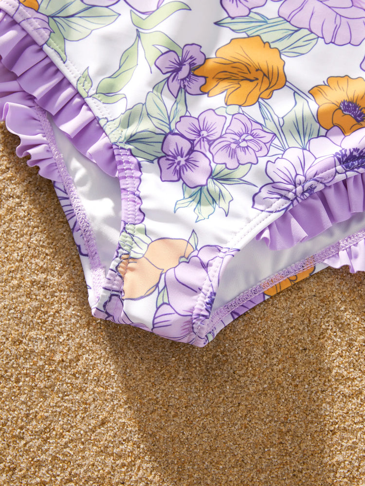 Family Matching Floral Print Swimsuits Ruffled One-Piece Bathing Suit & Swim Trunks Set Purple