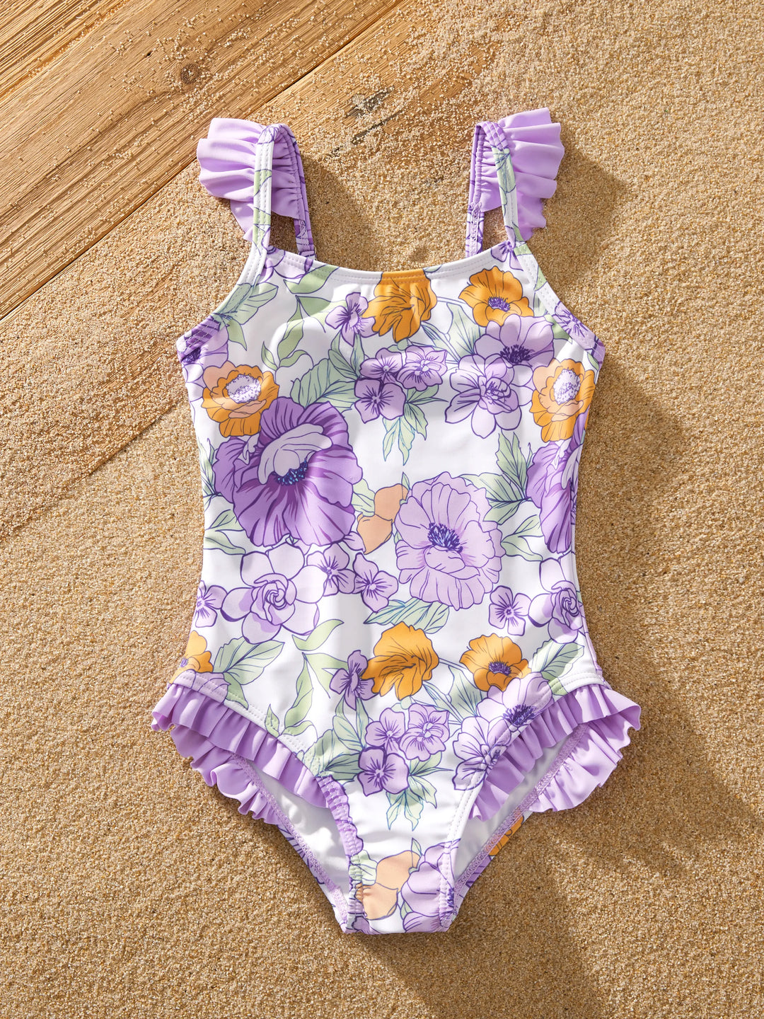 Familien-Matching Badebekleidung mit Blumenprint – Rüschen-Einteiler und Badeshorts-Set in Lila
