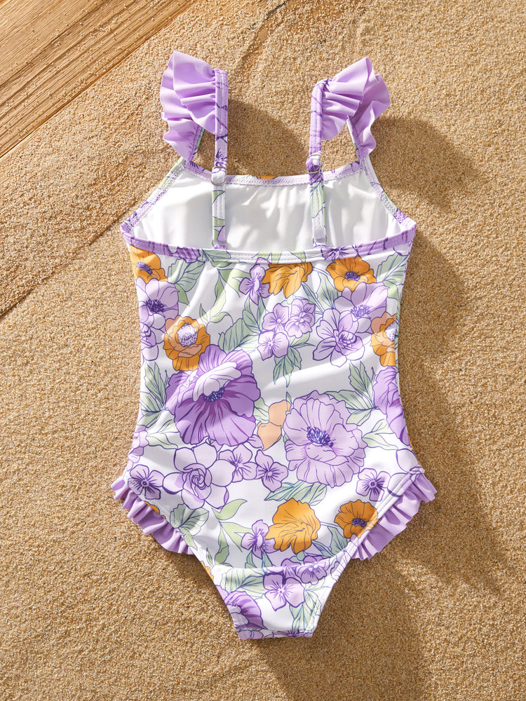 Family Matching Floral Print Swimsuits Ruffled One-Piece Bathing Suit & Swim Trunks Set Purple