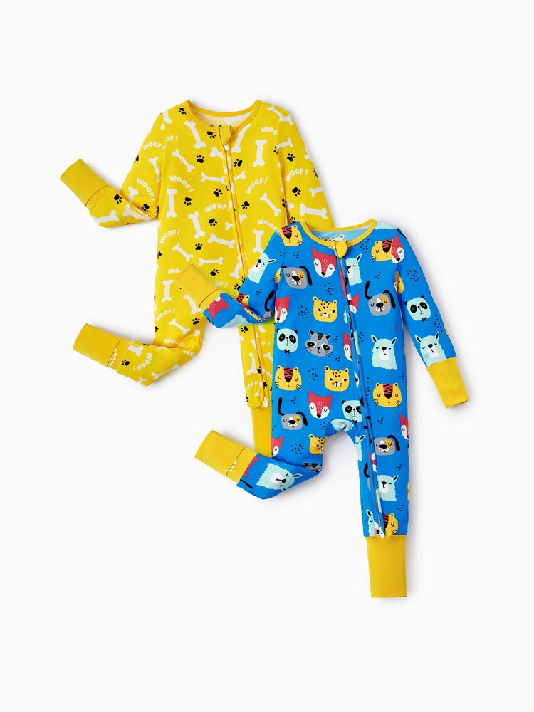 Bamboo Baby Boy/Girl 2-Pack Natural Animal or Plant Long Sleeve Romper 2-Way Zip Anti Slip Footie Yellow