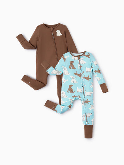 Bamboo Baby Boy/Girl 2-Pack Natural Animal or Plant Long Sleeve Romper 2-Way Zip Anti Slip Footie Brown