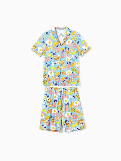 Daddy & Son Bamboo Pajamas Soft Bamboo Viscose PJs for Men Women Kids Toddler, Fun Food & Fruit Print Short-sleeve Sleepwear Blue