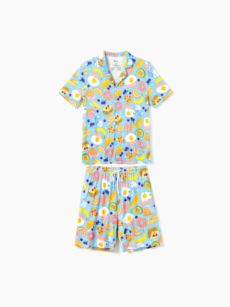 Daddy & Son Bamboo Pajamas Soft Bamboo Viscose PJs for Men Women Kids Toddler, Fun Food & Fruit Print Short-sleeve Sleepwear Blue