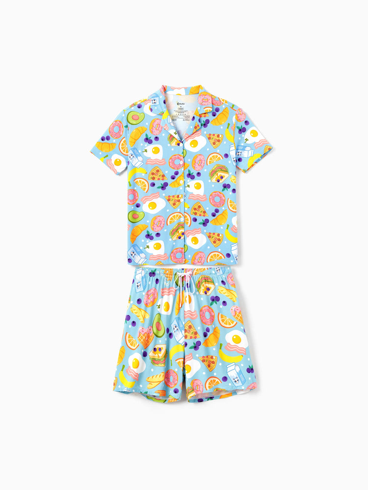 Mommy & me Bamboo Pajamas Soft Bamboo Viscose PJs for Men Women Kids Toddler, Fun Food & Fruit Print Short-sleeve Sleepwear Blue