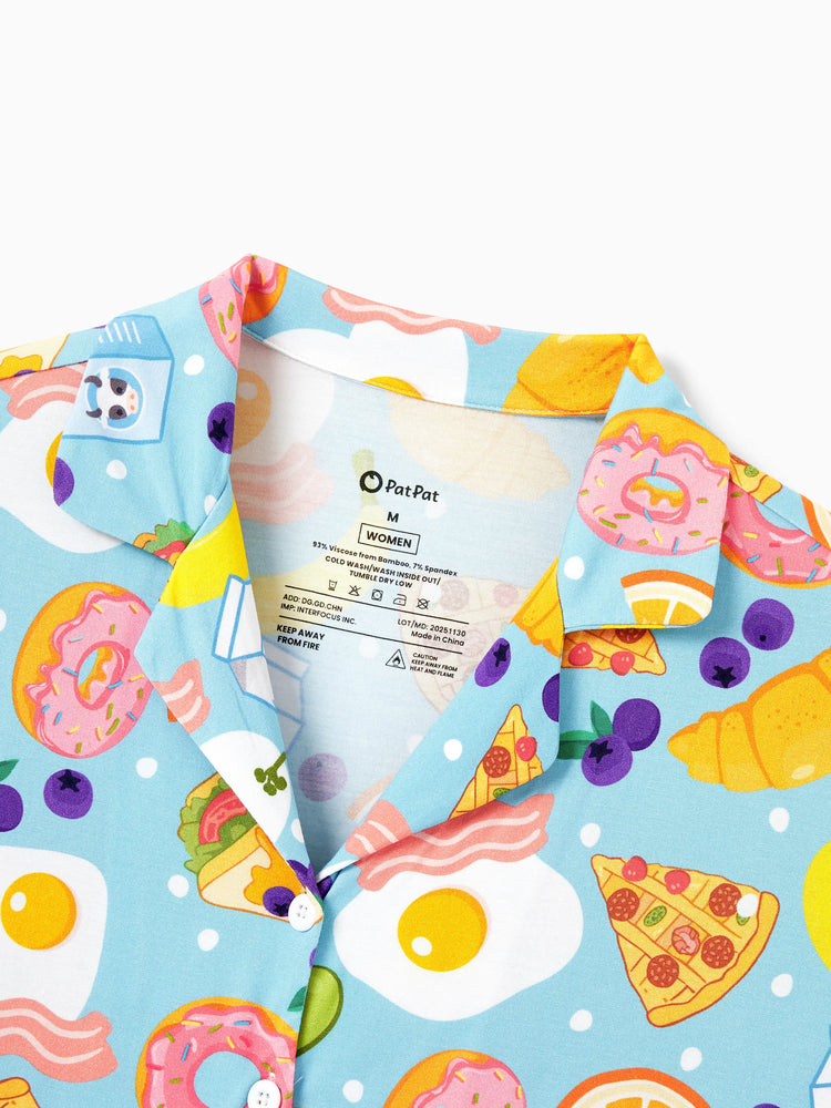 Mommy & me Bamboo Pajamas Soft Bamboo Viscose PJs for Men Women Kids Toddler, Fun Food & Fruit Print Short-sleeve Sleepwear Blue