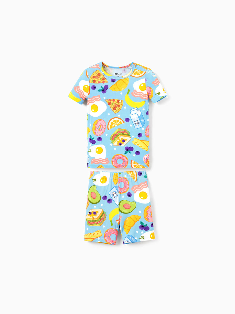 Mommy & me Bamboo Pajamas Soft Bamboo Viscose PJs for Men Women Kids Toddler, Fun Food & Fruit Print Short-sleeve Sleepwear Blue