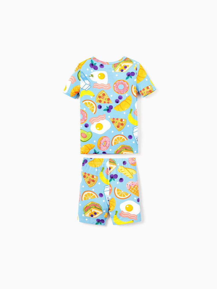 Daddy & Son Bamboo Pajamas Soft Bamboo Viscose PJs for Men Women Kids Toddler, Fun Food & Fruit Print Short-sleeve Sleepwear Blue
