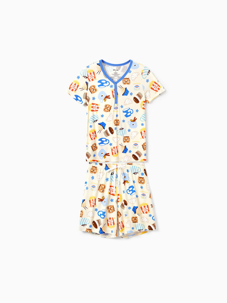 Mommy & me Bamboo Pajamas Buttery Soft Bamboo Viscose PJs for Men Women Kids Toddler Baby, Cozy Dessert Print Short-sleeve Sleepwear Blue