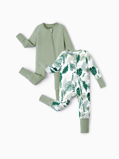 Bamboo Baby Boy/Girl 2-Pack Natural Animal or Plant Long Sleeve Romper 2-Way Zip Anti Slip Footie Green