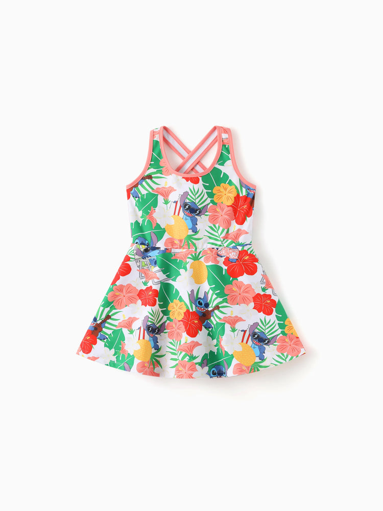 Disney Stitch Daddy & Daughter Tropical Floral Sporty Dress with Built-in Shorts & Pockets/ Cotton Top Multi-color