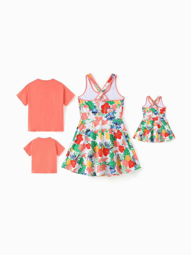 Disney Stitch Matching Family Tropical Floral Sporty Dress/ Cotton Top Multi-color