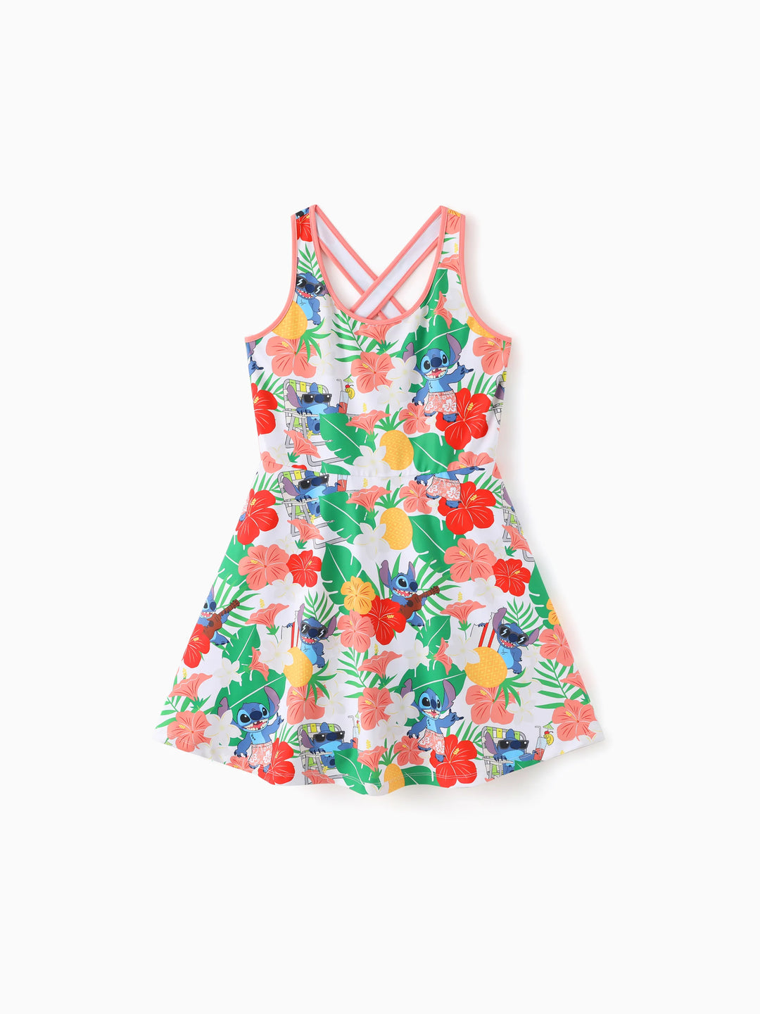 Disney Stitch Matching Family Tropical Floral Sporty Dress with Built-in Shorts & Pockets/ Cotton Top Multi-color