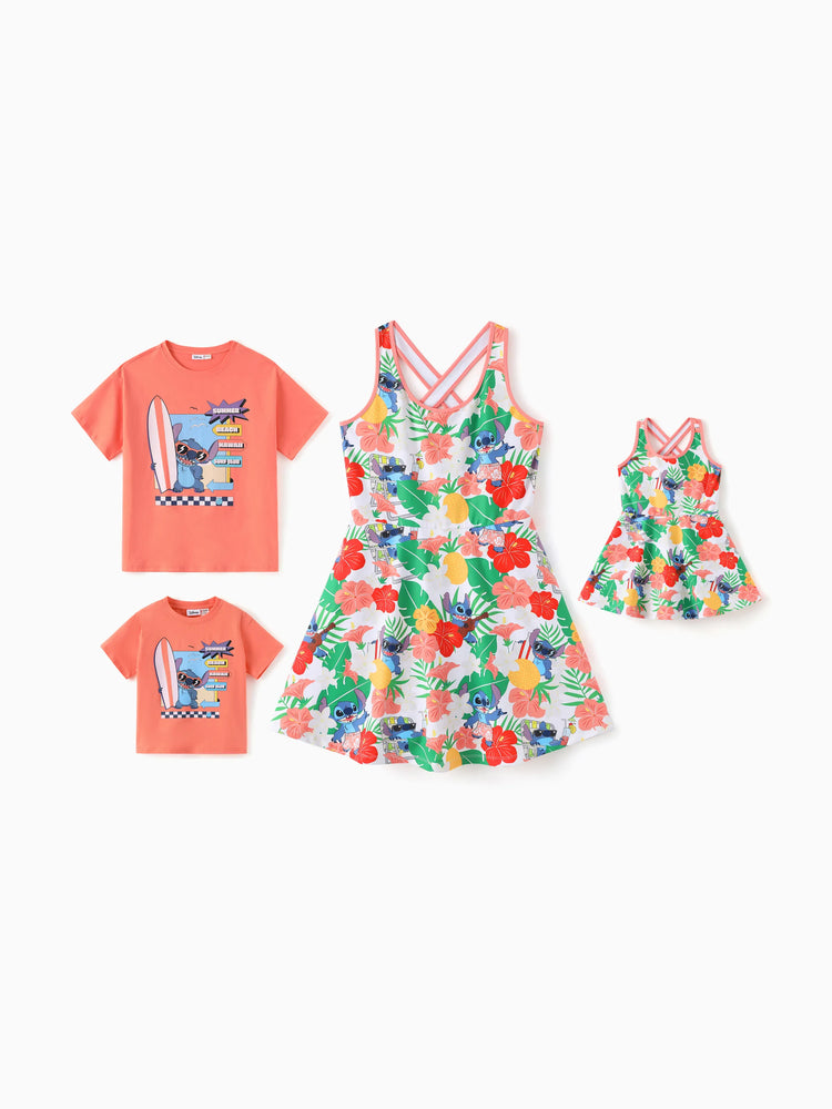 Disney Stitch Matching Family Tropical Floral Sporty Dress/ Cotton Top Multi-color