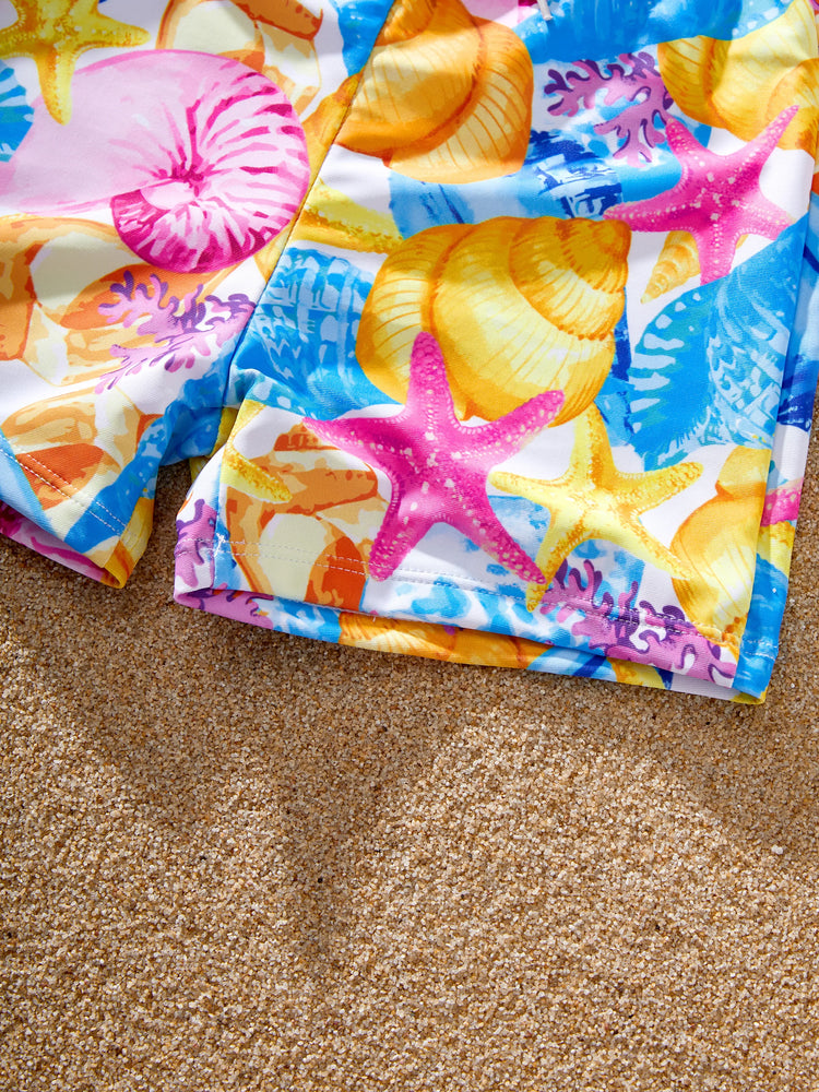 Family Matching Seashell & Starfish Print Swimsuits Ruched One-Piece & Swim Trunks Set Multi-color