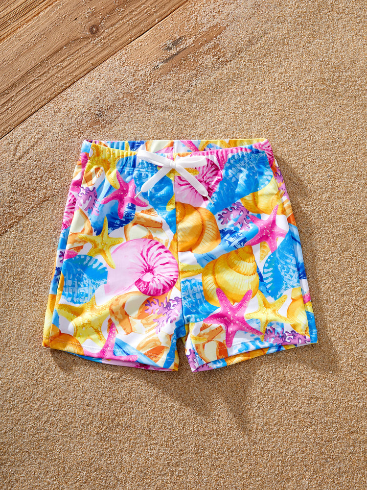 Family Matching Seashell & Starfish Print Swimsuits Ruched One-Piece & Swim Trunks Set Multi-color