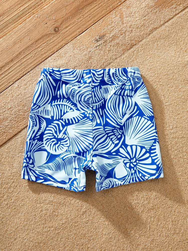 Toddler Boy Shell Print Swimwear Floral Swim Shorts Set for boys, Perfect for Beach Days & Pool Parties Blue