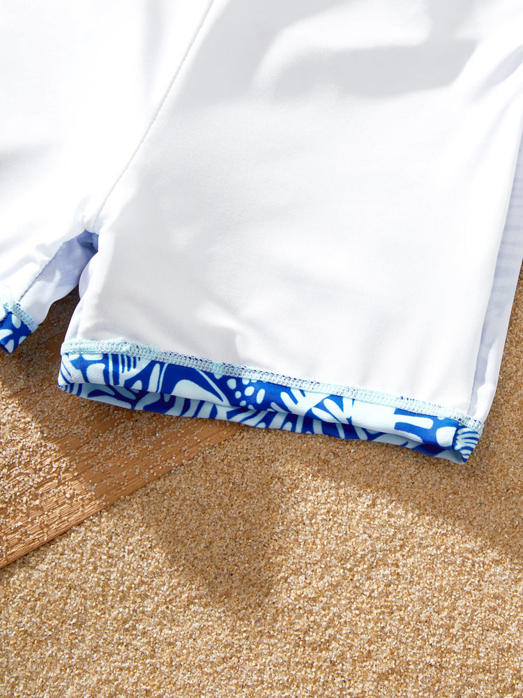 Mommy & me Shell Print Swimwear Floral two-piece Bikini & Swim Shorts Set for Mom, Dad, & Kids, Perfect for Beach Days & Pool Parties Blue