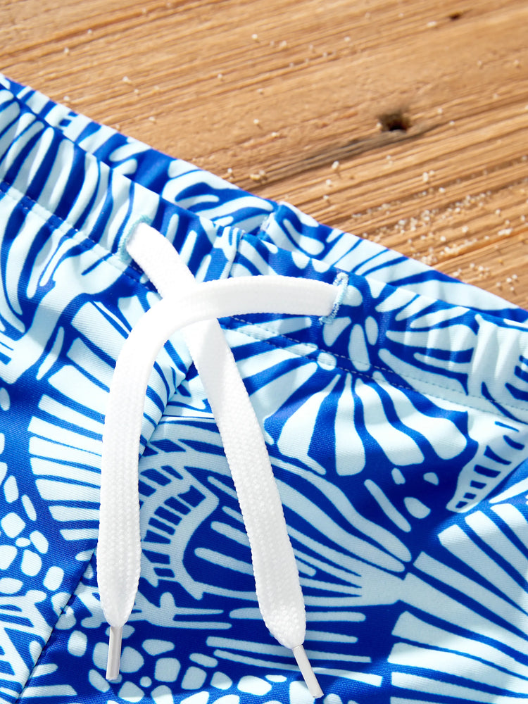 Matching Family Shell Print Swimwear Floral two-piece Bikini & Swim Shorts Set for Mom, Dad, & Kids, Perfect for Beach Days & Pool Parties Blue