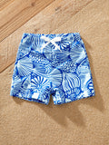 Toddler Boy Shell Print Swimwear Floral Swim Shorts Set for boys, Perfect for Beach Days & Pool Parties Blue