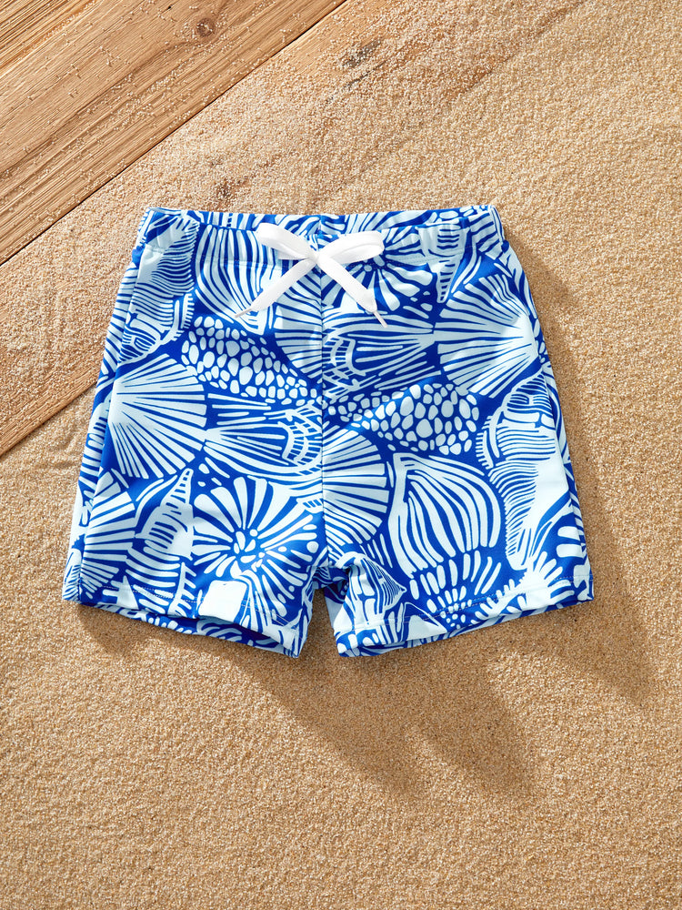 Mommy & me Shell Print Swimwear Floral two-piece Bikini & Swim Shorts Set for Mom, Dad, & Kids, Perfect for Beach Days & Pool Parties Blue