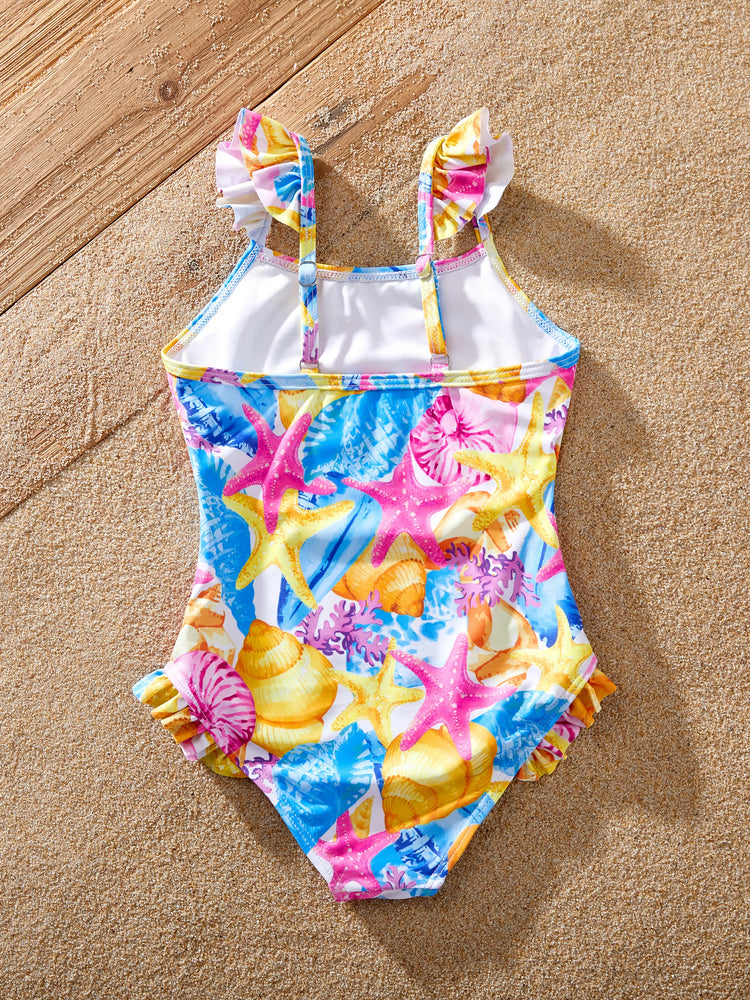 Family Matching Seashell & Starfish Print Swimsuits Ruched One-Piece & Swim Trunks Set Multi-color