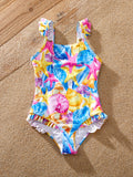 Toddler Girl Seashell & Starfish Print Swimsuits Ruched One-Piece & Swim Trunks Set Multi-color