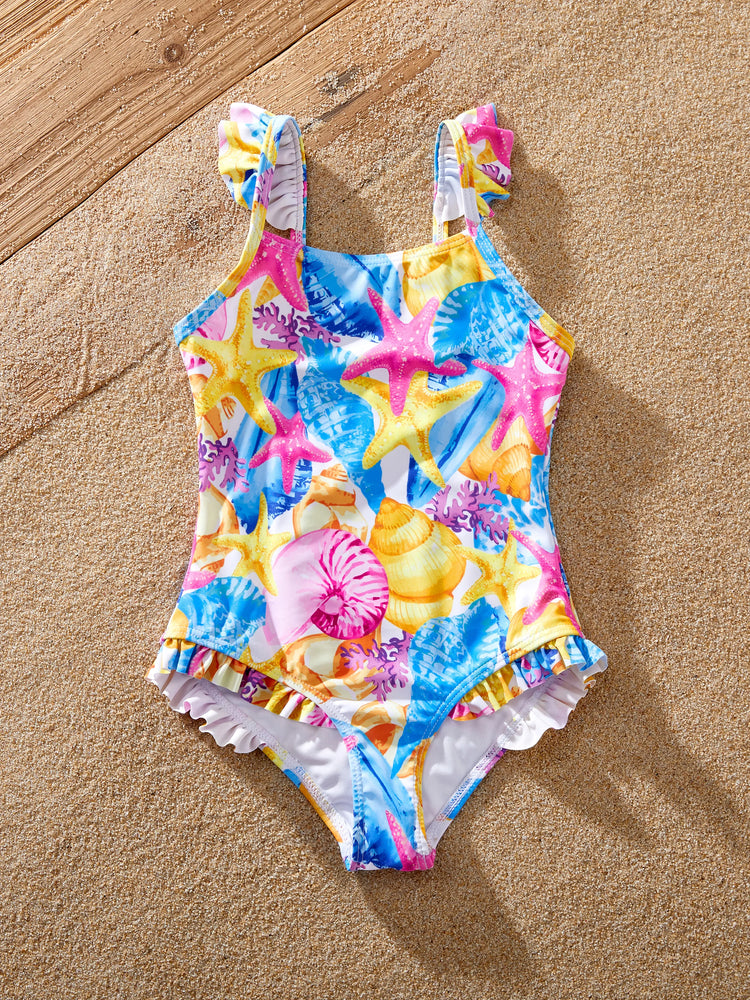 Kleinkind Mädchen Muschel- & Seesternprint Badeanzüge Geraffter Einteiler & Badehose Set Mehrfarbig