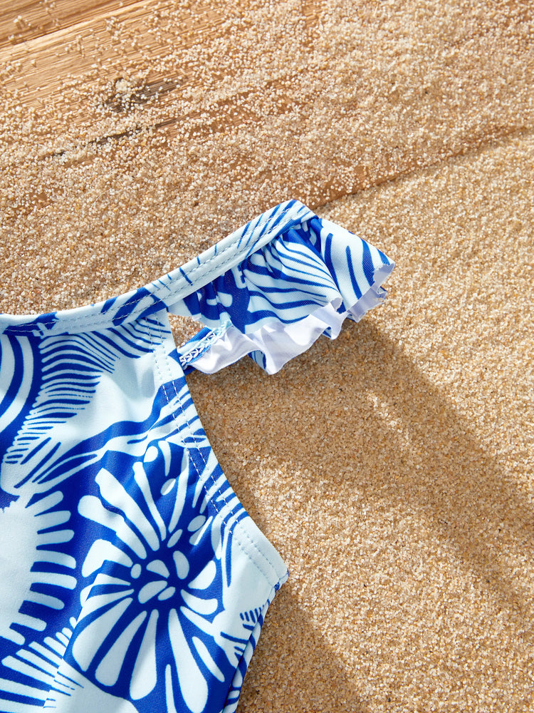 Mommy & me Shell Print Swimwear Floral two-piece Bikini & Swim Shorts Set for Mom, Dad, & Kids, Perfect for Beach Days & Pool Parties Blue